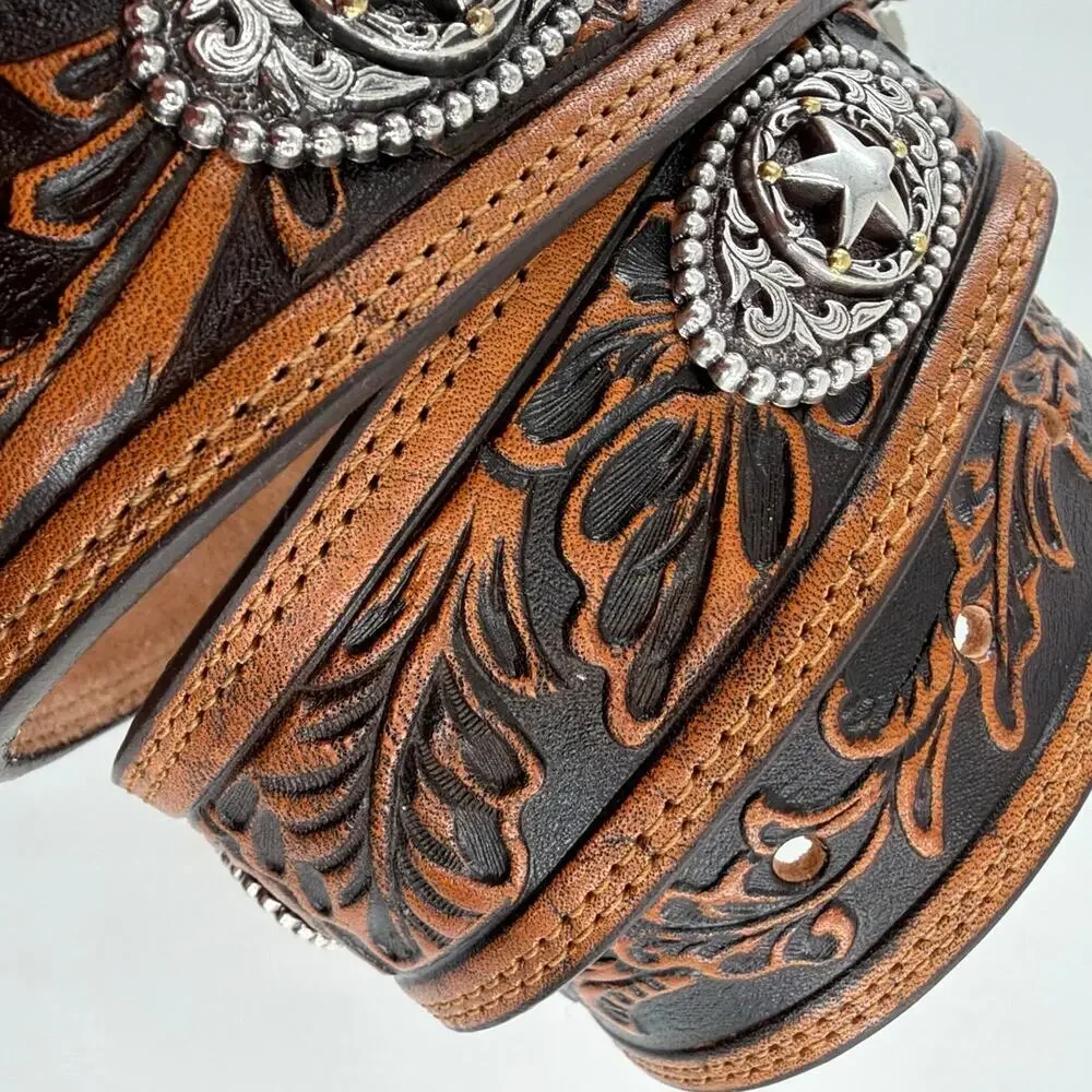 Justin Men's Tan Floral 5 Star Ranch Tooled Western Belt Size 32